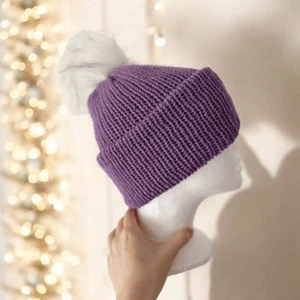 Hand Knit Double Layer Hat | Purple Snow Hat With Pompom | Superwash Merino Wool - Picture 1 of 6
