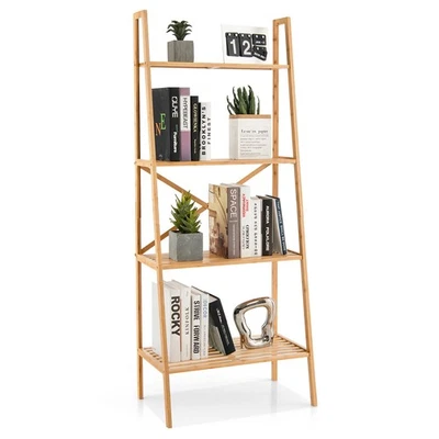 4-Tier Bamboo Ladder Bookshelf Storage Rack Plant Stand w/4 Open Shelves Natural - Image 1 of 4