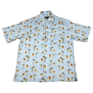 Jim Thompson Linen Button Up Shirt Mens Large Elephant Palm Print Hawaiian Blue - Picture 1 of 11