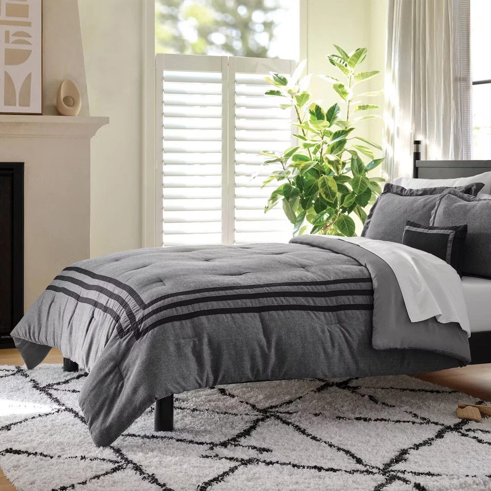 8pc Queen Applique Border Comforter and Sheet Set Gray - Threshold - Image 1 of 1