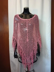 Vintage Faded Glory Crochet Open Knit Poncho Pink Womens OS Fringe Boho Festival - Picture 1 of 9