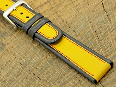 Correa de reloj vintage NOS de cuero negro y amarillo sin usar con hebilla de tono plateado de 18 mm Foto 1 de 4