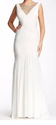 David’s Bridal White / Ivory V-Neck Shirred Jewel Illusion Wedding Gown Size 14 - Image 1 of 4