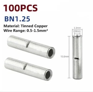 100Pcs 22-16AWG Bare Copper Ferrule Butt Wire Connectors Crimp Splice Terminals - Picture 1 of 3