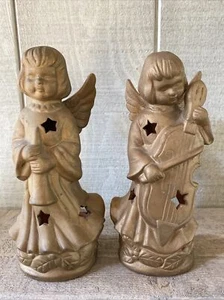 Vintage Votive Candle Holders Terra Cotta Angels Glowing Stars Gold Wash Set/2 - Picture 1 of 11