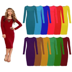 LADIES WOMENS LONG SLEEVE STRETCH BODYCON PLAIN JERSEY MIDI DRESS PLUS SIZE 8-26 - Picture 1 of 23