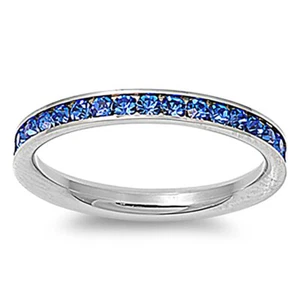 3mm Stainless Steel Blue CZ Eternity Comfort Fit Band Ring Size 3-9 - Picture 1 of 1