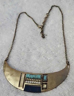 Collar Gargantilla Perlas Turquesa Tono Latón Martillado Modernista Marca Lucky Foto 1 de 4