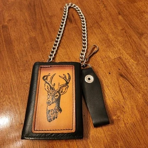 Mens Black Leather Buck Deer Wallet With Belt Chain Trifold - Picture 1 of 10