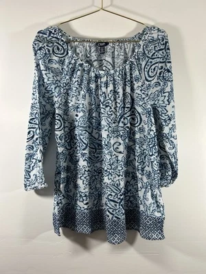 Women’s Chaps Denim Blouse Blue &White Paisley Long Sleeve Boho XL - Image 1 of 4