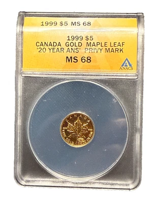 Канада 1999 золото 1/10 унций $5 ANACS MS68 кленовый лист Privy Mark - Изображение 1 из 2
