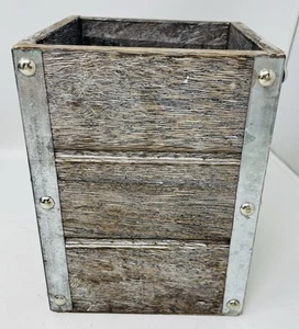 Wood Cube Box Metal Corners 7” Tall 5” Square - Picture 1 of 3