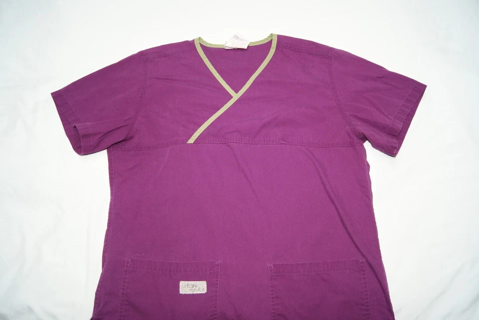 urbane scrub top womens small purple w/ green piping 2 pocket & pen holder - Image 1 of 4