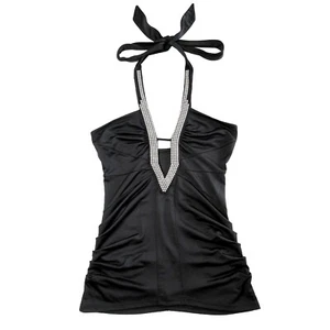 Sz S Vintage Y2K 90s Black Halter Top Rhinestone Detail Sexy Clubwear Going Out - Picture 1 of 12