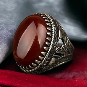 Anillo de plata esterlina 925 maciza diseño Tugra con anillo de ágata roja grande natural - Imagen 1 de 4
