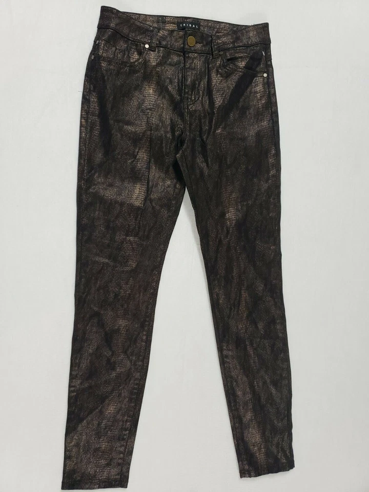 Pantalones de mezclilla ajustados de algodón elástico estampado de piel de serpiente talla Matalic dorados tribales para mujer Foto 1 de 4