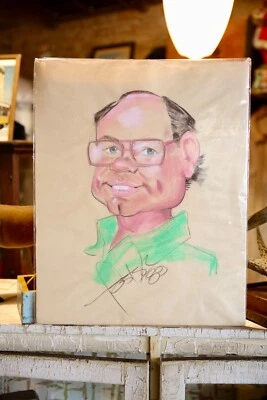 Obra de arte de dibujo de caricatura vintage pasteles originales 1989 hombre con letrero de anteojos Foto 1 de 4