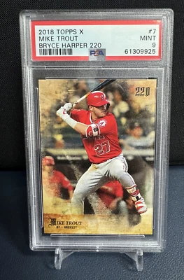 2018 Topps X Bryce Harper 220 #7 Mike Trout Los Angeles Angels PSA 9 Mint - Image 1 of 2