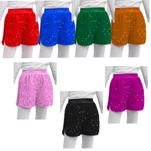 Kids Girls Dancewear Party Shorts Halloween Costume Elastic Sequins Jazz Teens - Picture 1 of 90