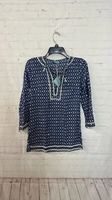Letarte Navy Blue Sequin Bead Hippy Skull 3/4 Sleeve Tunic Blouse NWT Size XS - Image 1 of 4
