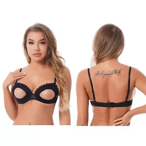 Reggiseno donna sexy lingerie pizzo trasparente scavato capezzoli aperti imbottito ferretto top - Foto 1 di 21