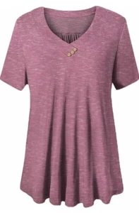 FOLUNSI Womens Plus Size 1X Short Sleeve Shirt V Neck Blouse Tunic Top Pink - Picture 1 of 5