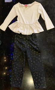 J L C For Girls Cream Shirt Black Paw Print Pants Outfit Set Size 4 Gold Shimmer - Picture 1 of 7