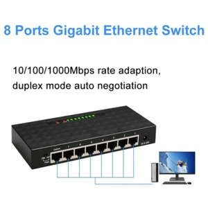 8-Ports 10/100/1000Mbps Unmanaged Ethernet Switch Home Network Hub Plug-and-Play - Picture 1 of 22