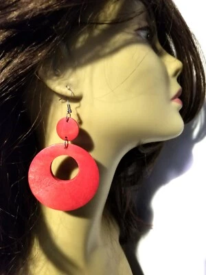 LARGE WOOD COLOR EARRINGS HOOP EARRINGS OPEN HOOPS 2.5 INCH W 3.25 IN L - Image 1 of 4