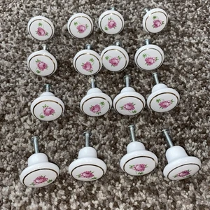 4 VTG Porcelain Knobs Pulls Drawer Cabinet Door White Pink Rose Flower 1.25" AVE - Picture 1 of 8
