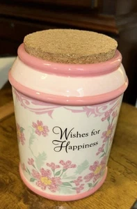 Porcelain Contain With Cork Lid By Ganz. Wishes For Happiness - Picture 1 of 23