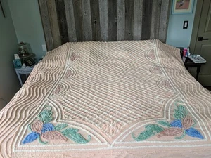 Chenille Bedspread - Peach w/ Green, Blue, Pink & White Design - 88" x 100" - Picture 1 of 6