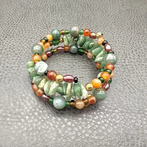 Boho Beaded Coil Wrap Bracelet Aventurine Agate Mixed Gemstone Chunky Stackable - Picture 1 of 6