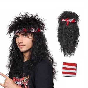 80s Wig with Bandana for Men Long Curly Black Rocker cosplay wig for Halloween - Picture 1 of 9