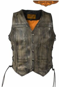 Gilet donna moto in pelle marrone effetto invecchiato - chiusura a bottoni tasche con cerniera - Foto 1 di 9
