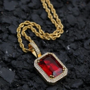AAA+ BRASS RED GEMSTONE LUXURY PENDANT & 18" ~ 24" ROPE CHAIN NECKLACE JEWELRY - Picture 1 of 19