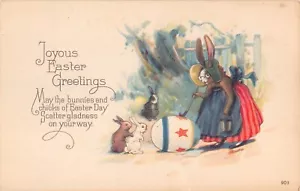 Anthropomorphic Easter Rabbit in a Dress Painting an Egg with Bunnies Watching - Picture 1 of 2