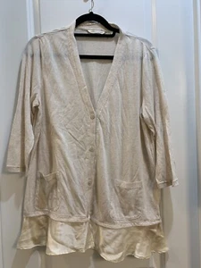 "Cárdigan Soft Surroundings beige abotonado borde de seda grande manga 3/4 largo 32""" - Imagen 1 de 4