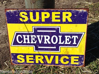 Vintage Chevy Super Service Tin Metal Sign Wall Garage Shop Rustic Auto Parts - Image 1 of 2