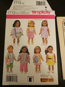 SIMPLICITY SCHNITTMUSTER 1713 KLEIDUNG passt American Girl / & 18" Puppen ungeschnitten - Bild 1 von 3