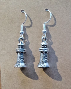 Silver Plated 3D etched Lighthouse Earrings, Pierced, Nautical, Island, Beach - Picture 1 of 5