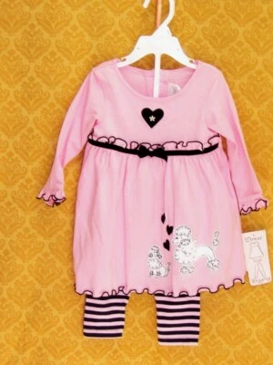 Pink Poodle DRESS & Striped LEGGINGS 2-pc SET Girls Sophie Rose Black Hearts NWT - Image 1 of 3