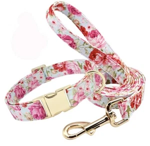 Puppy Dog Cat Luxury Fabric Vintage Look Floral Gold Hardware Collar Lead Leash! - Picture 1 of 22