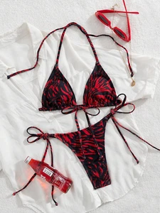 Women's Red Black Sexy Cute Swimwear Cheeky Tied String Thong Bikini Swim Set - Picture 1 of 7