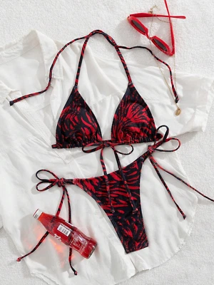 Sexy lindo traje de baño para mujer rojo negro descarado atado tanga bikini conjunto de natación Foto 1 de 4