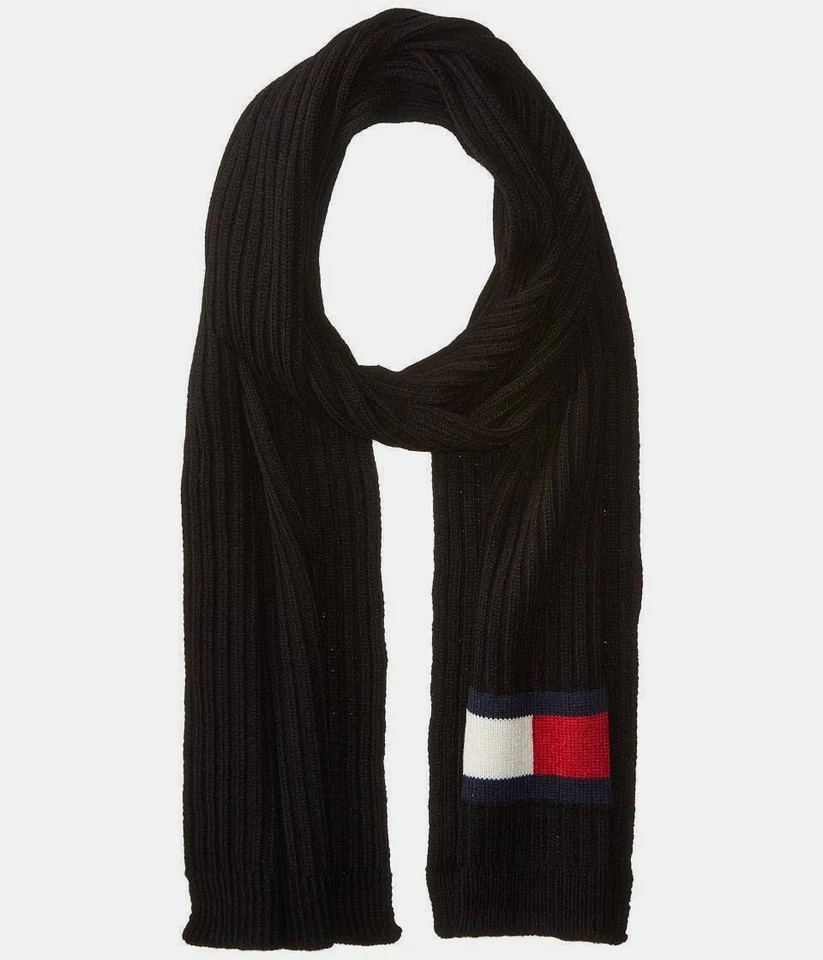 Tommy Hilfiger Men Black Striped Acrylic Logo Warm Winter Scarf G04