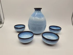 Handgefertigte Mino Ware hellblaue Glasur Sake Flasche & Tasse 5-teiliges Geschenkset (B1) - Bild 1 von 13