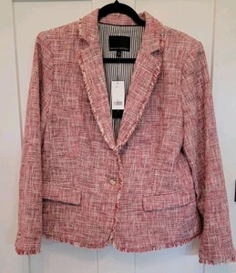 NWT Banana Republic Pink/Red Tweed Jacket Blazer Size 14 2 Button Front W/Fringe - Bild 1 von 19