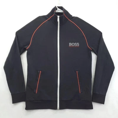 Chaqueta deportiva BOSS Hugo Boss para hombre mediana negra cremallera completa cuello falso ribete naranja Foto 1 de 4