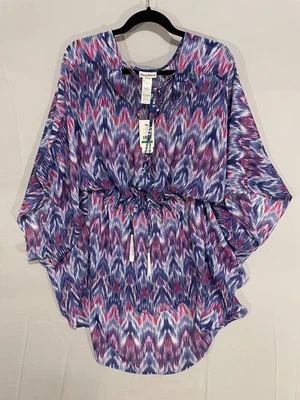 TOMMY BAHAMA NUEVA CON ETIQUETAS MUJER L/XL TÚNICA IKAT MIRAGE CORDONES FRENTE NATACIÓN CUBIERTA AZUL  Foto 1 de 4